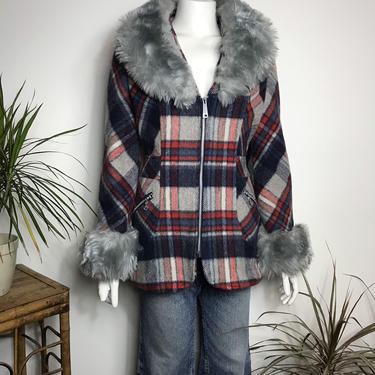 Vtg 70s faux fur plaid body con almost famous coat jacket 