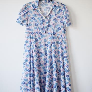 1930s Cotton Floral Frock | XS P | wounded bird | Vintage 20s Floral Print Feedsack Dress with Metal Zipper | Puff Sleeves 