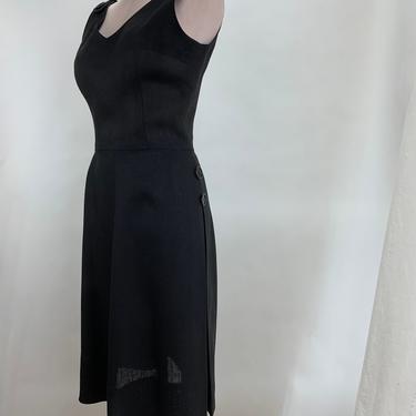 1950's Sexy Black Dress - Deep V Neckline - Nipped Waist - Side Pleated Skirt - Linen or Rayon - Size Medium - 26 Inch Waist 