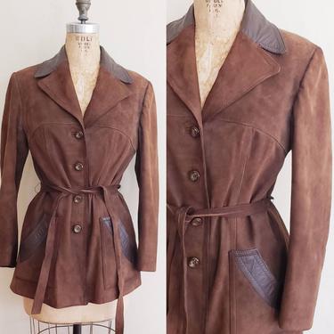 1970s Brown Suede and Leather Jacket / 70s Belted Boho Jacket Button Down Front Large Collar / S / Palmyra 