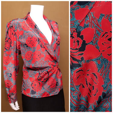 Vintage 80s Red Rose Print Blouse ~ Large Floral Print Blouse Top ~ Deep V Neckline Silky Long Sleeve Dressy ~ Long Vintage Holiday Blouse 
