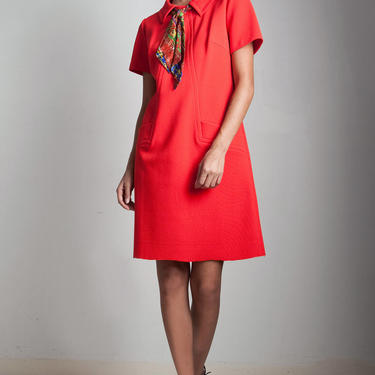 vintage 60s mod red ascot pocket dress bow tie short sleeves stewardess SMALL MEDIUM S M 