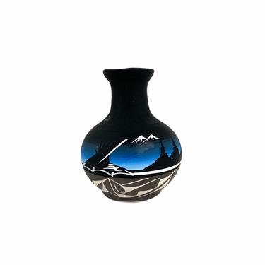 Vintage Matte Black Navajo Handpainted Native American Vase, Signed 