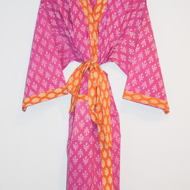 Hand Block Printed Kimono robe, Cotton Bathrobe, Dressing Gown, Lightweight Robe, One Size Kimono Bathrobe, Orange Pink Print Kimono Robe 