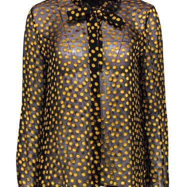 Saloni - Black & Yellow Velvet Polka Dot Print Button-Up Ruffled Blouse w/ Neck Tie Sz 8
