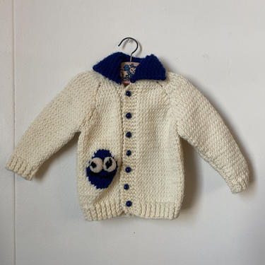 Hand knit Novelty Cookie Monster children’s cardigan sweater, vintage 1980s 