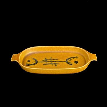 Vintage Mid Century Modern Israeli Kernat Pottery Dish with Handles with Abstract Art Design 9&amp;quot; Long ISRAEL Mark 
