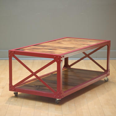 Industrial Style Riveted Steel and Reclaimed Wood Coffee Table.Rustic/Primitive/Loft Decor,Urban,Modern Steel Castors Metal End/Side Table 