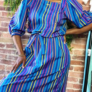 vintage 1970s 1980s Striped Puff Sleeve Square Neck Button Front Belted Rainbow Dress Midi Shirt Summer Neon Day 