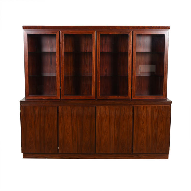Lighted 2 Piece Danish Rosewood 4-Bay Display Cabinet \/ Storage
