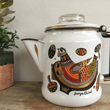 Mid Century Georges Briard Small Enamelware Coffee Pot, Small Rooster Hen Stove Top Percolator 
