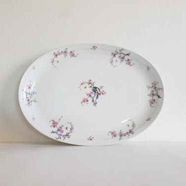 Vintage Oval Haviland Limoges Serving Plate, 1930s Large GDA CH Fields Porcelain Bird of Paradise with Pink Roses Pattern, Schleiger 1328 