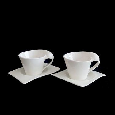 Vintage Modern Sculptural Set of 2 Villeroy &amp; Boch NEW WAVE Mug Cup with Stylized Handle and Dishes Solid White Glaze 