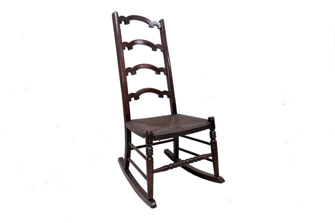 Wooden Rocking Chair | Vintage English Sewing Rocker With Ladder Back and Rush Seat 