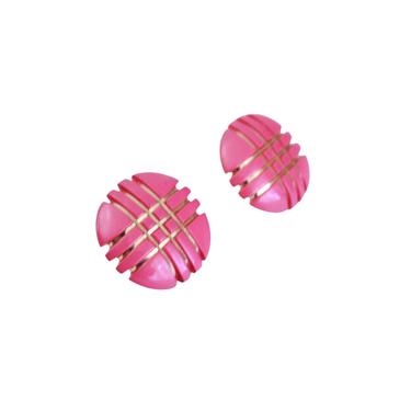 1980s Pink & Gold Cross Hatch Button Post Earrings - 80s Pierced Earring - 80s Pink and Gold Earrings - Vintage Pink Earrings - Gold Earring 