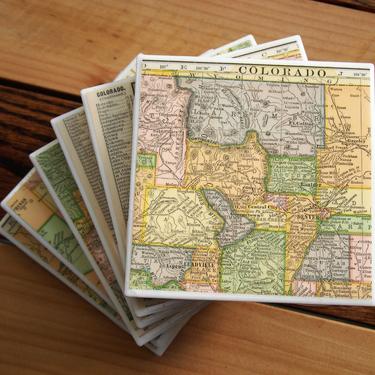 1909 Colorado Handmade Repurposed Vintage Map Coasters Set of 6 - Ceramic Tile - Repurposed 1900s Hammond Atlas - One of a Kind 