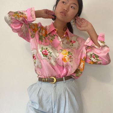 90s silk charmeuse blouse / vintage pink wallpaper floral print silk satin charmeuse oversized blouse / rhinestone accent blouse | L 
