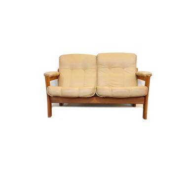 Vintage Danish Modern Love Seat In  Almond Leather and Teak 