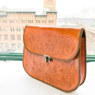 1950s Brown Tooled Leather Purse | 50s Rust Brown Tooled Handbag 
