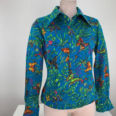 1960'S MOD TOP - Butterfly Novelty Print - Combed Cotton Jersey Knit - Made in Finland - Size Medium / NOS / Dead-Stock 