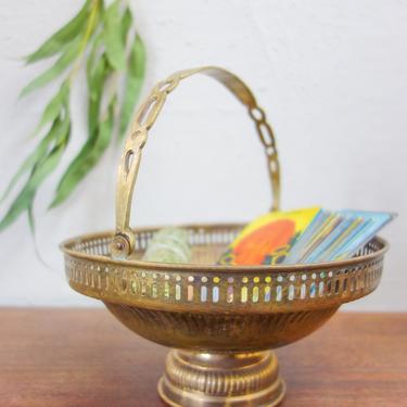 Vintage large brass footed bowl 8&quot; x 4.5&quot; with handle and decorative pedestal, bohemian home decor trinket dish or altar offering plate 