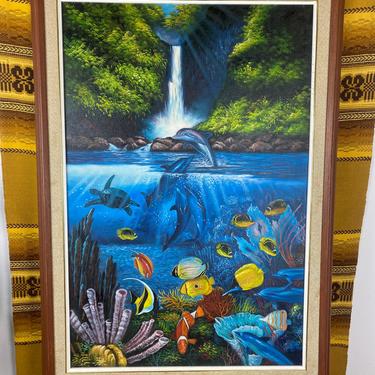Huge Vibrant Vintage Signed & Framed Ocean Painting Dolphins and Sea Life 