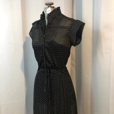 Polka Dot Dress 1970s vintage sheer pleated black and white 14 M 