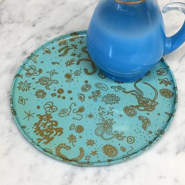 Vintage Eames Sea Things Serving Tray Retro 1950s Mid Century Modern + Waverly + Teal and Gold + Round + Plastic + Seashells + Catchall 