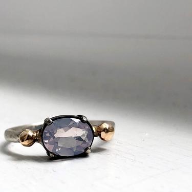 Lavender Moon Quartz with 14k Gold Pebbles in brushed Sterling Silver Handmade One of a Kind Ring 