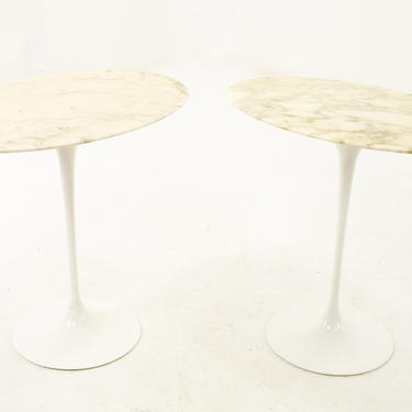 Knoll Mid Century Oval Marble Top Side End Tables with Tulip Base - Pair 