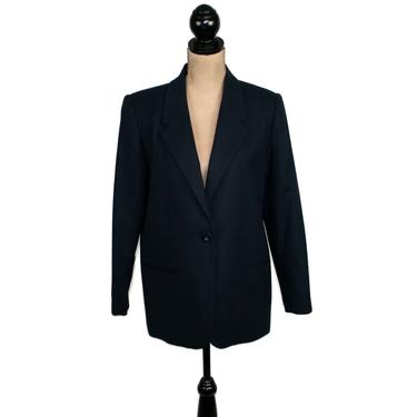 90s Navy Blue Wool Blazer Medium, Single Button Suit Jacket, 1990s Clothes for Women, Vintage Clothing from Sag Harbor Size 10 Petite 