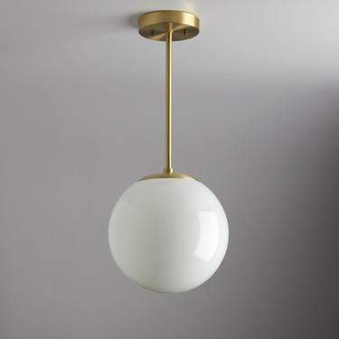 Modern White Glass - Mid century - pendant lighting - hand blown glass - ceiling fixture - brass light - white glass 