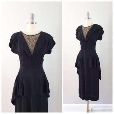 40s SHEER Illusion Lace Black Rayon Crepe Dress / 1940s Vintage Peplum Dress / Medium / Size 6 