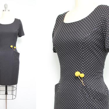 Vintage 90's Black and White Polka Dot Mini Dress with Pockets / 1990's Minimalist Dress / Women's Size Large by Ru
