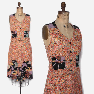 Vintage 70s Mixed Print Dress Set / 1970s Floral Vest Top &amp; Skirt 2 pc Ensemble by luckyvintageseattle