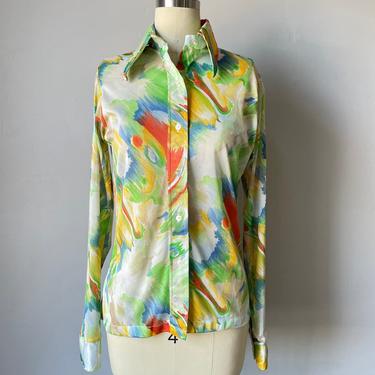 1970s Disco Shirt Abstract Blouse S 