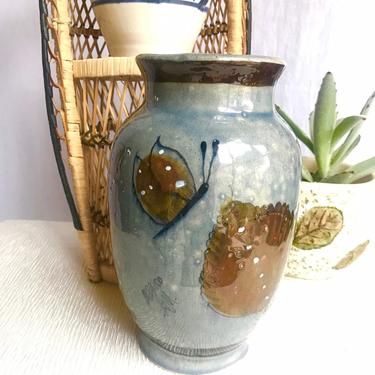 Vintage Mexican Folk Art Pottery Vase Painted Glazed, Butterfly, Bird 
