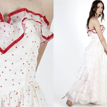 Vintage 70s Red Hearts Dress / Country Western Wedding Dress / Sheer White Swiss Dot Plantation Gown / Saloon Style Full Bustle Skirt 