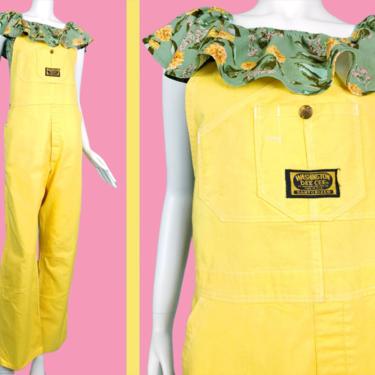 Vintage 70s/80s yellow overalls. Light pastel buttery yellow. By Dee Cee. 34 x 30 
