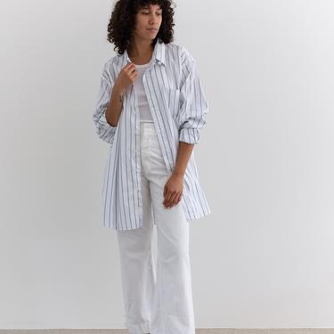 Vintage White Blue Triple Stripe Shirt | Unisex Lands End | 100% Cotton Work Tunic | L XL | 