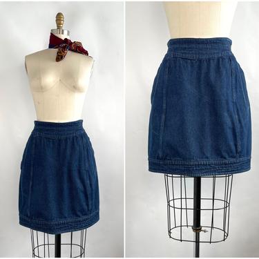 CLAUDE MONTANA 80s Dark Denim Skirt | 1980s High Waisted Mini Jean Skirt with Pockets | French Vintage Designer, Made in Italy | Size Small 