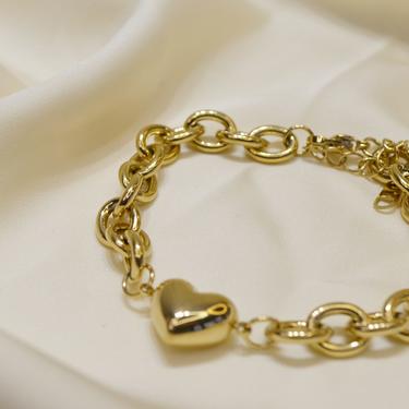 gold puff heart chain link bracelet, gold heart bracelet, chunky heart bracelet, puff heart bracelet, heart charm bracelet, gold chain, B009 