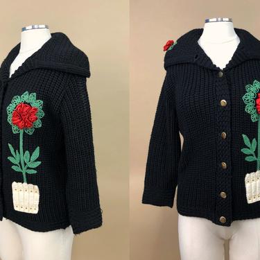 Vintage 1950s Ethel of Beverly Hills Black Sweater, 50s Appliqué Details, Large Rosette Floral Sweater, Mid Century, Size Medium by Mo