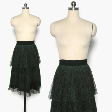 Vintage 40s Green Lace Skirt / 1940s Triple Tiered Sheer Lace &amp; Crepe Skirt 
