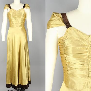 1930s Golden Satin Gown | Vintage 30s FOGA Dress with Shoulder Caps | xs 
