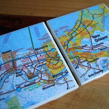 2008 New Orleans Louisiana Handmade Repurposed Map Coasters - Ceramic Tile Coasters Set of 2 - Repurposed 2000s American Map Co. Atlas 