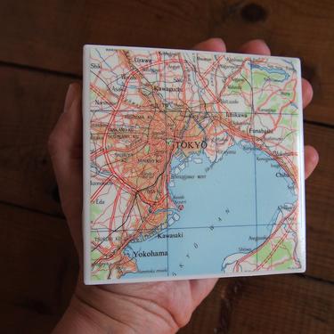 1971 Tokyo Japan Vintage Map Coaster - Ceramic Tile - Repurposed 1970s Times Atlas - Handmade - East Asia - Japanese - Yokohama 