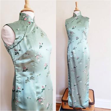1960s Mint Green Blue Cheongsam Dress / 60s Embroidered Chinese Evening Dress Flower Floral Pattern Aquamarine / Large / Tilly 