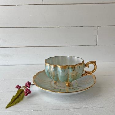 Vintage Shafford Silver And Blue Lusterware Footed Teacup Tea Cup, Scalloped // Vintage Green Tea Cup // Tea Lover Gift // Christmas Gift 