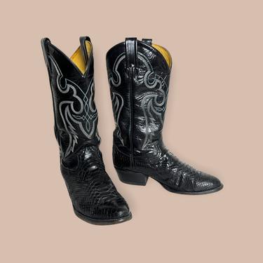 Vintage Black TONY LAMA Snakeskin Cowboy Boots ~ men's 8 D / women's 9 1/2 ~ Western / Rockabilly / Ranch Wear ~ 